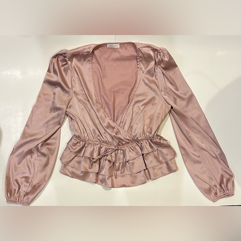 Dusty pink satin long sleeve top with cinched and ruffled waist from Vestique
